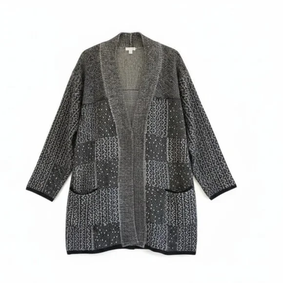 J. Jill Womens Black & White Patchwork Open Front Long Cardigan Sweater Large - Picture 12 of 15